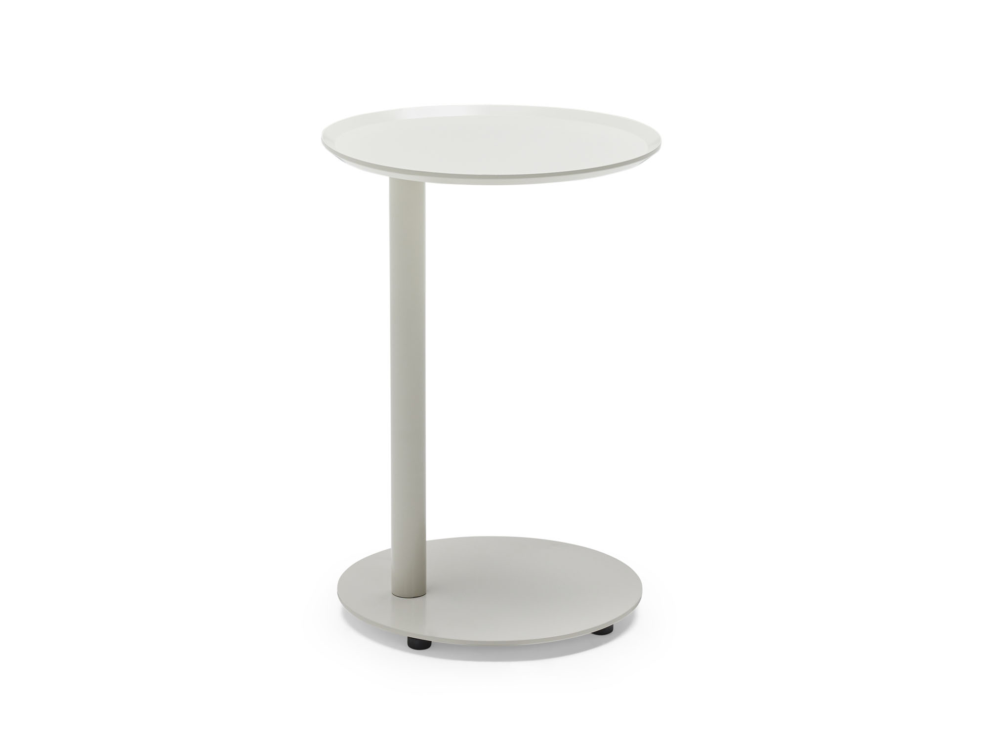 Left side view of white metal outdoor side table